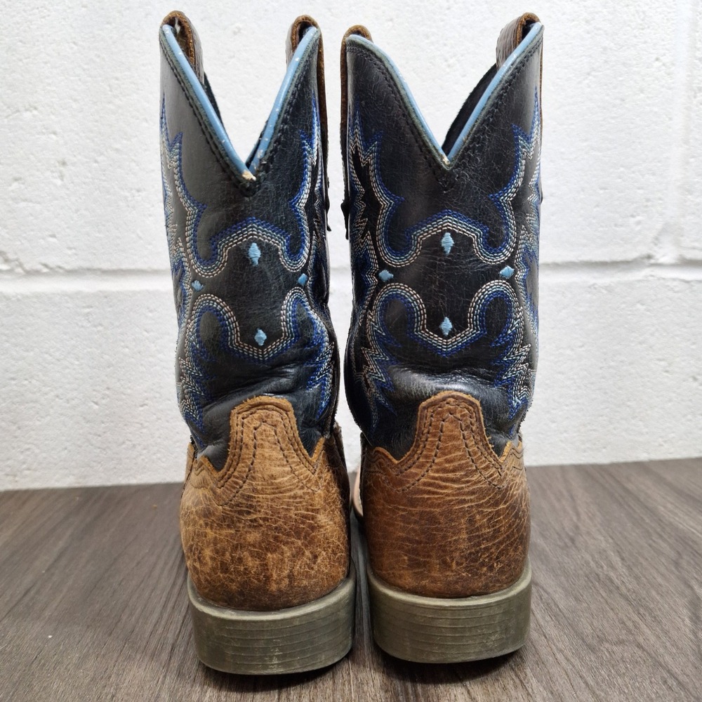 Ariat Toddler 11 Brown Leather Square Toe Western Cowboy Boots Black Blue Stitch - Picture 4 of 9